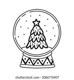 Vector doodle snow globe with Christmas tree isolated on white background.