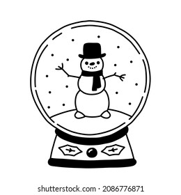 Vector doodle snow globe with snowman isolated on white background.