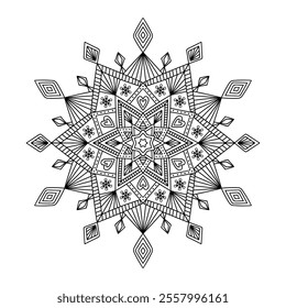 Vector doodle snowflake. Hand drawn winter mandala. Antistress coloring illustration.