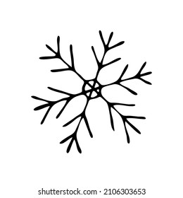 Vector doodle snowflake. The weather is snowy. Hand drawn meteorological forecast symbols. Winter ice crystal. Snowfall season. Web design thin line icon.