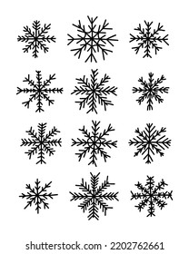 Se preparan copos de nieve con doodle vectorial. Juego de copos de nieve dibujado a mano