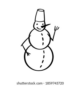 Vector doodle snowman isolated on white background. Holiday black and white illustration. EPS 8