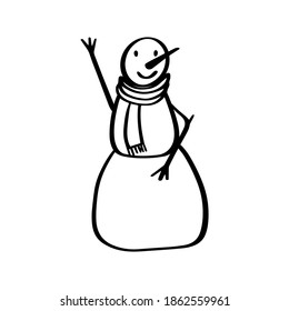 Vector doodle snowman isolated on white background. Holiday black and white illustration. EPS 8
