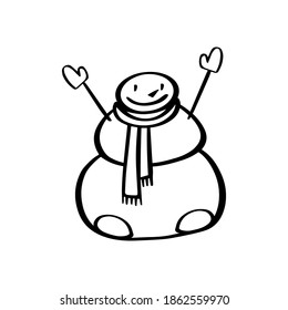 Vector doodle snowman isolated on white background. Holiday black and white illustration. EPS 8
