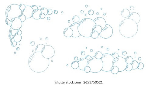 Vector doodle soap bubbles outline set. Hand drawn water bubbles with sparkle reflections. Blue soda bubble sketch collection isolated on white. Clean design for kids, bath, detergent themes.