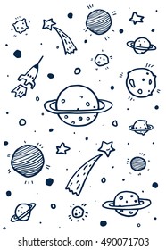 Vector doodle space with meteorites, comets, planets, space dust, rocket and stars. Background, illustration, graphic design