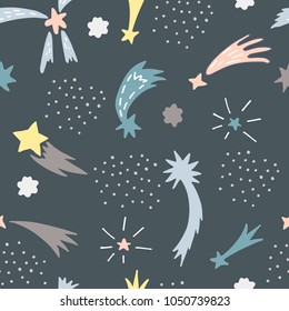 Vector doodle space seamless pattern. Stars, constellation, galaxy, comet. Perfect for your design, wallpaper, wrapping paper and web.