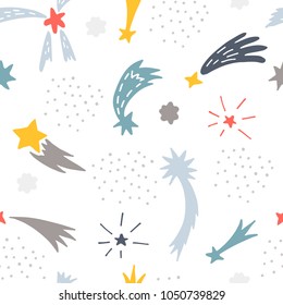 Vector doodle space seamless pattern. Stars, constellation, galaxy, comet. Perfect for your design, wallpaper, wrapping paper and web.