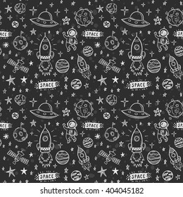 Vector doodle space seamless pattern. Doodle chalk drawing background