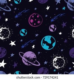 Vector doodle space seamless pattern. Planets, stars, moon, sun. Perfect for wallpaper, wrapping paper and web design.