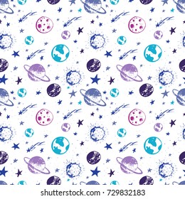 Vector doodle space seamless pattern. Planets, stars, moon, sun. Perfect for wallpaper, wrapping paper and web design.