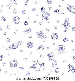 Vector doodle space seamless pattern with space objects. Space ships, rockets, planets, flying saucers, cosmonauts, stars, comets, satellites, ufo etc. Hand drawn style.
