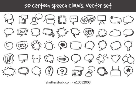 Vector doodle speech clouds icons set. Stock cartoon signs for design.