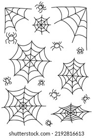 Vector doodle spider web and spiders set. Hand drawn doodle spider web illustration