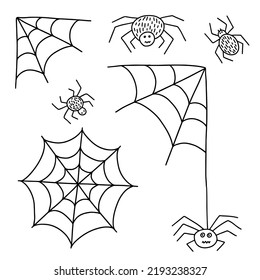 Vector doodle spider web and spiders set. Hand drawn doodle spider web illustration