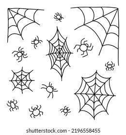 Vector doodle spider web and spiders set. Hand drawn doodle spider web illustration