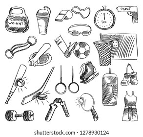 Vector doodle sport set. Design of hand drawn sketches isolated on white background