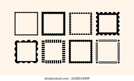 Vector doodle square borders with a fun cut-out feel. Use in minimalist layouts, logos, or illustration decor
