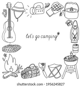 Vector doodle square frame with camp equipment. Hand drawn sketch illustration isolated on white. Black outlines. Campfire, lantern, barbeque, guitar and other things for outdoor rest.