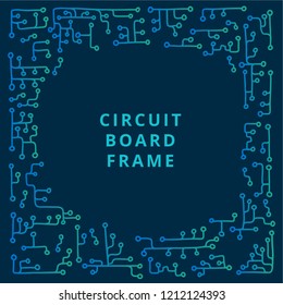Vector doodle square frame with microchip or circuit board elements. Template with sample text. Blue-green gradient on dark background.
