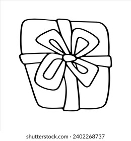 vector doodle square gift box with bow, top view. coloring book for children