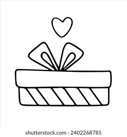 Vector doodle square gift box with bow and a heart. Coloring book for children