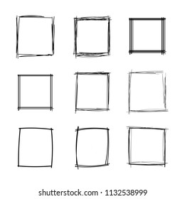 Vector Doodle Squares Set, Blank Frames Collection, Black Scribble Geometric Shapes Isolated on White Background.