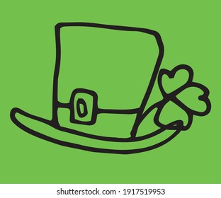 vector doodle for St. Patrick's day March 17, isolated element of an Irish leprechaun hat with a leaf of clover shamrock hand-drawn black outline on a green background