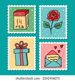 Vector doodle stamps for Valentine's Day. Isolated hand drawn post stamps with hearts, gift box, calendar and rose