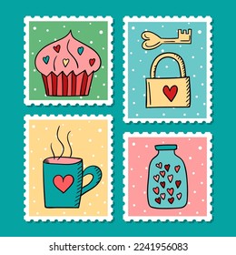 Vector doodle stamps for Valentine's Day. Isolated postal marks with cartoon illustrations for 14th February