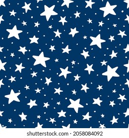 Vector Doodle Star Blue Seamless Pattern. Cute kid hand drawn stars print on dark blue background. Night Sky and space texture for print, wrapping paper, fabric, decor, gift, backgrounds, textile.