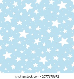 Vector Doodle Star Blue Seamless Pattern. Cute kid hand drawn stars print on pastel blue background. Sky and space texture for print, wrapping paper, design, fabric, decor, gift, backgrounds, textile