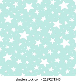 Patrón de la estrella del doodle vectorial azul sin soldadura. Estrellas dibujadas a mano con un estilo de niño, con un fondo verde pastel. Textura del cielo y del espacio para la impresión, papel de envoltura de regalo, tela, decoración, fondos, textiles