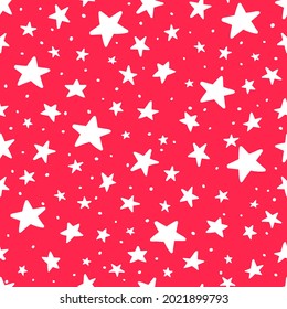 Vector Doodle Star Seamless Pattern. Cute sketch hand drawn stars print on red background. Holiday festive texture for print, wrapping paper, design, fabric, decor, gift, backgrounds