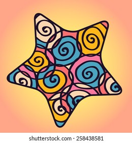 Vektor-Doodle-Stern mit Spiralverzierungen auf hellorangefarbenem und gelbem Hintergrund. Die Sternform ist isoliert