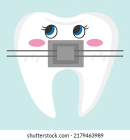 Vector doodle sticker. Cartoon tooth with braces. All objects are repainted.