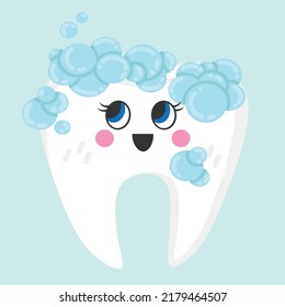 Vector doodle sticker. Cartoon tooth in toothpaste foam. All objects are repainted.