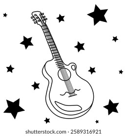 Vector doodle style acoustic guitar with black stars