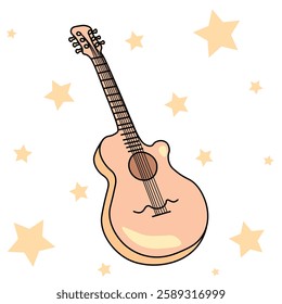 	
Vector doodle style acoustic guitar with stars in beige colour