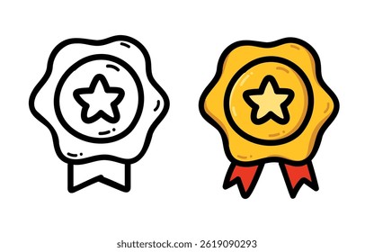 Vector doodle style badge of a golden medal with a red ribbon. Isolated hand-drawn emblem for award and competition designs symbolizing achievement, victory, and success