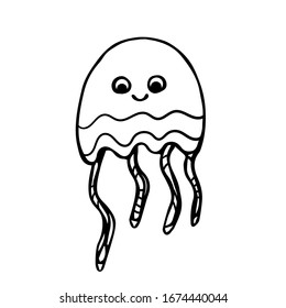 Vector. Doodle style. A beautiful coloring book for adults and children with elegant jellyfish in the sea ocean. A series of coloring pages with marine animals. Isolated image on a white background.