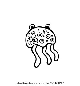 Vector. Doodle style. A beautiful coloring book for adults and children with elegant jellyfish in the sea ocean. A series of coloring pages with marine animals. Isolated image on a white background.
