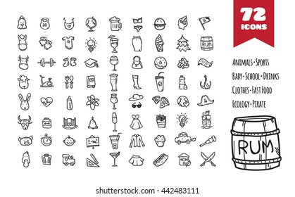 Vector doodle style big icons set. Hand drawn collection of baby goods, fashion, pirate, farm animals, drinks, fast food, ecology, education and sports objects.