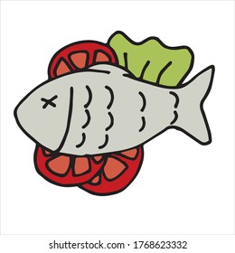 vector doodle style, cartoon. fish with vegetables. Cute icon of baked fish with vegetables, tomato and salad. clipart lunch, dinner, food