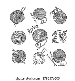 vector doodle style drawing, set of knitting wool balls with knitting needles and crochet hooks. knitting symbol, hobby, handmade, homework, needlework.