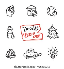 Vector doodle style eco set. Cute hand drawn collection of ecological objects
