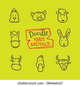 Vector doodle style farm animals icons set. Cute hand drawn collection of animal heads 