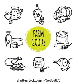 Vector doodle style farm food icons set. Cute hand drawn collection of organic farm goods