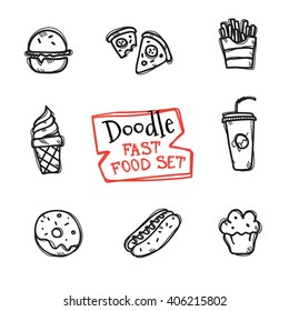 Vector doodle style fast food set. Cute hand drawn collection of fast food objects