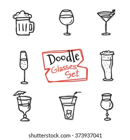 Vector doodle style glasses icons set. Hand drawn collection of drinks